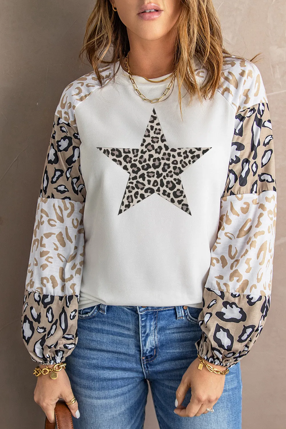 Star Leopard Color Block Long Sleeve Top