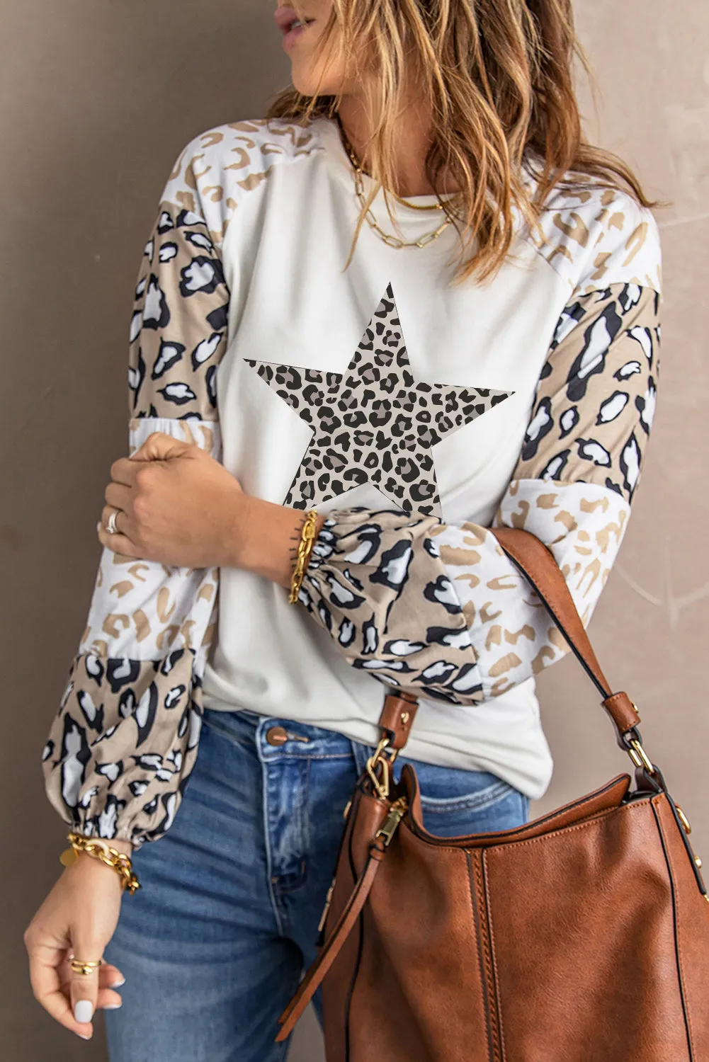 Star Leopard Color Block Long Sleeve Top