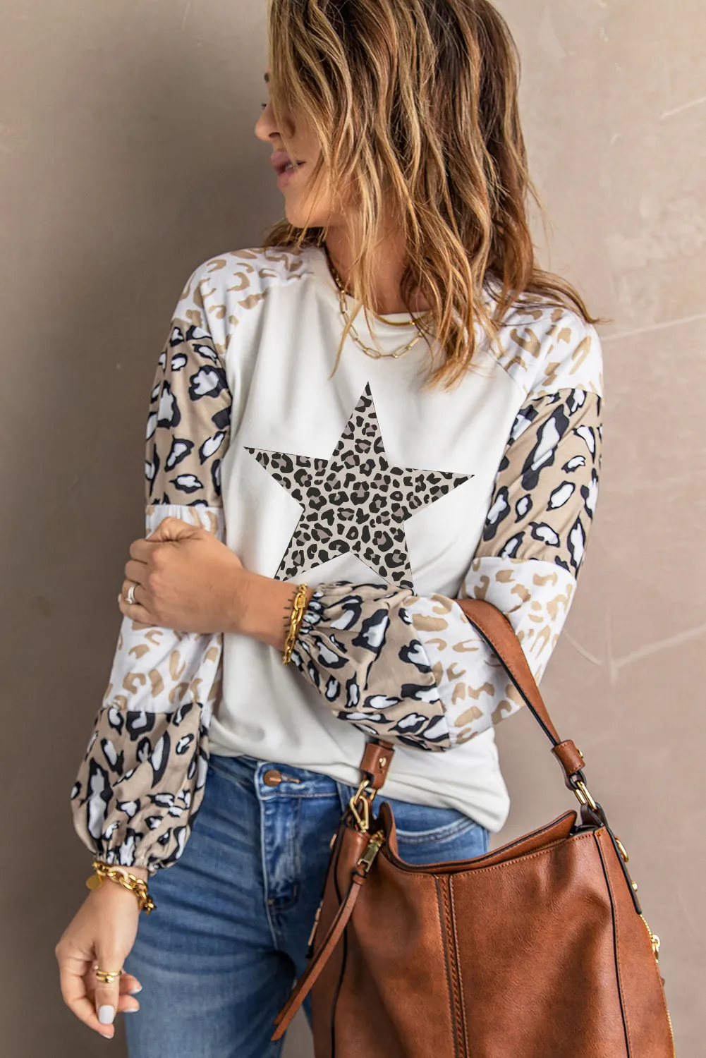 Star Leopard Color Block Long Sleeve Top