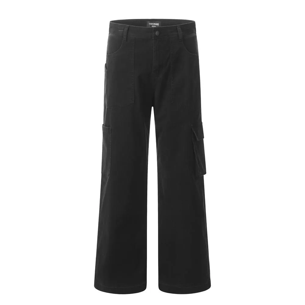 Street Trendy American Style Denim Wash Tooling Straight Pants Men's Ins Design Sense Multi-Pocket Loose Wide-Leg Pants