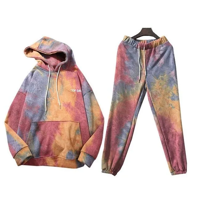 Tie Dye Autumn Winter 2 Piece Set Women Hoodies Pants Printed Sportswear Suits Thicken Warm Ladies Girls Hoodie Sets Tracksuits
