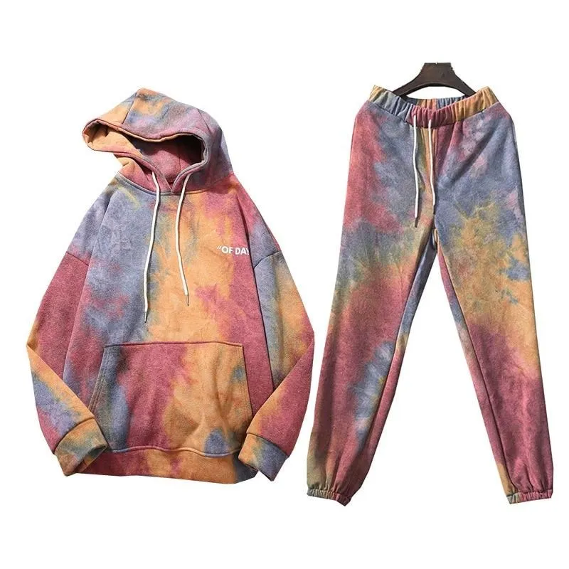 Tie Dye Autumn Winter 2 Piece Set Women Hoodies Pants Printed Sportswear Suits Thicken Warm Ladies Girls Hoodie Sets Tracksuits