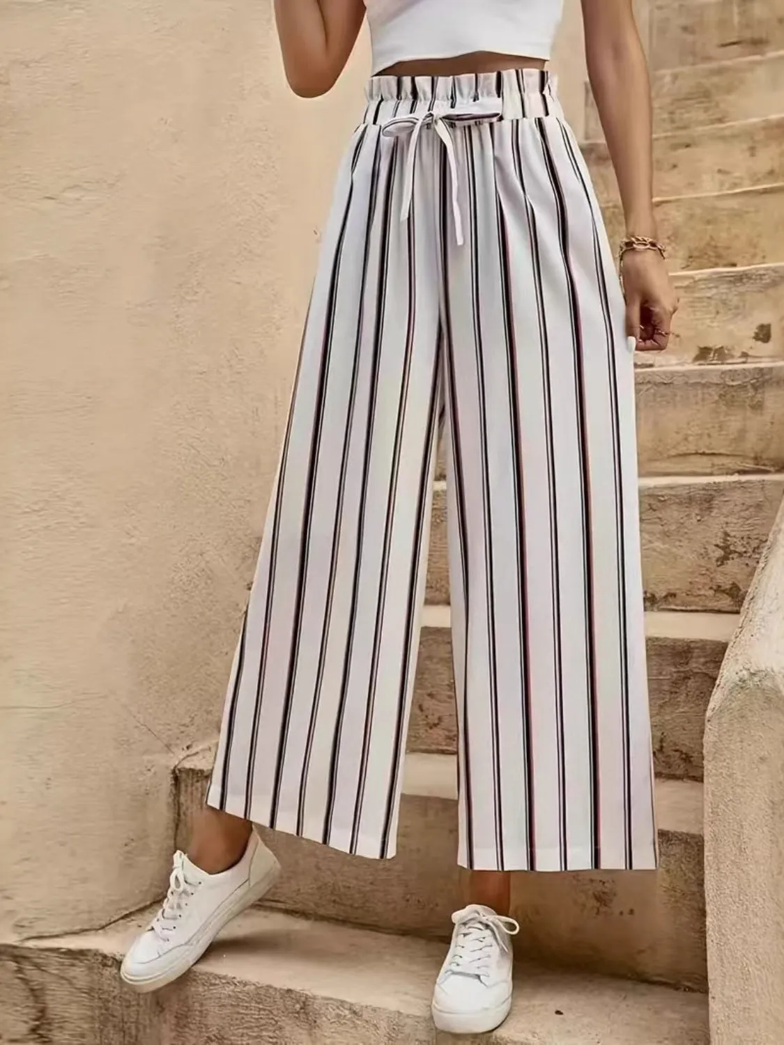 Tied Striped Wide-Leg Pants – Comfortable & Elegant