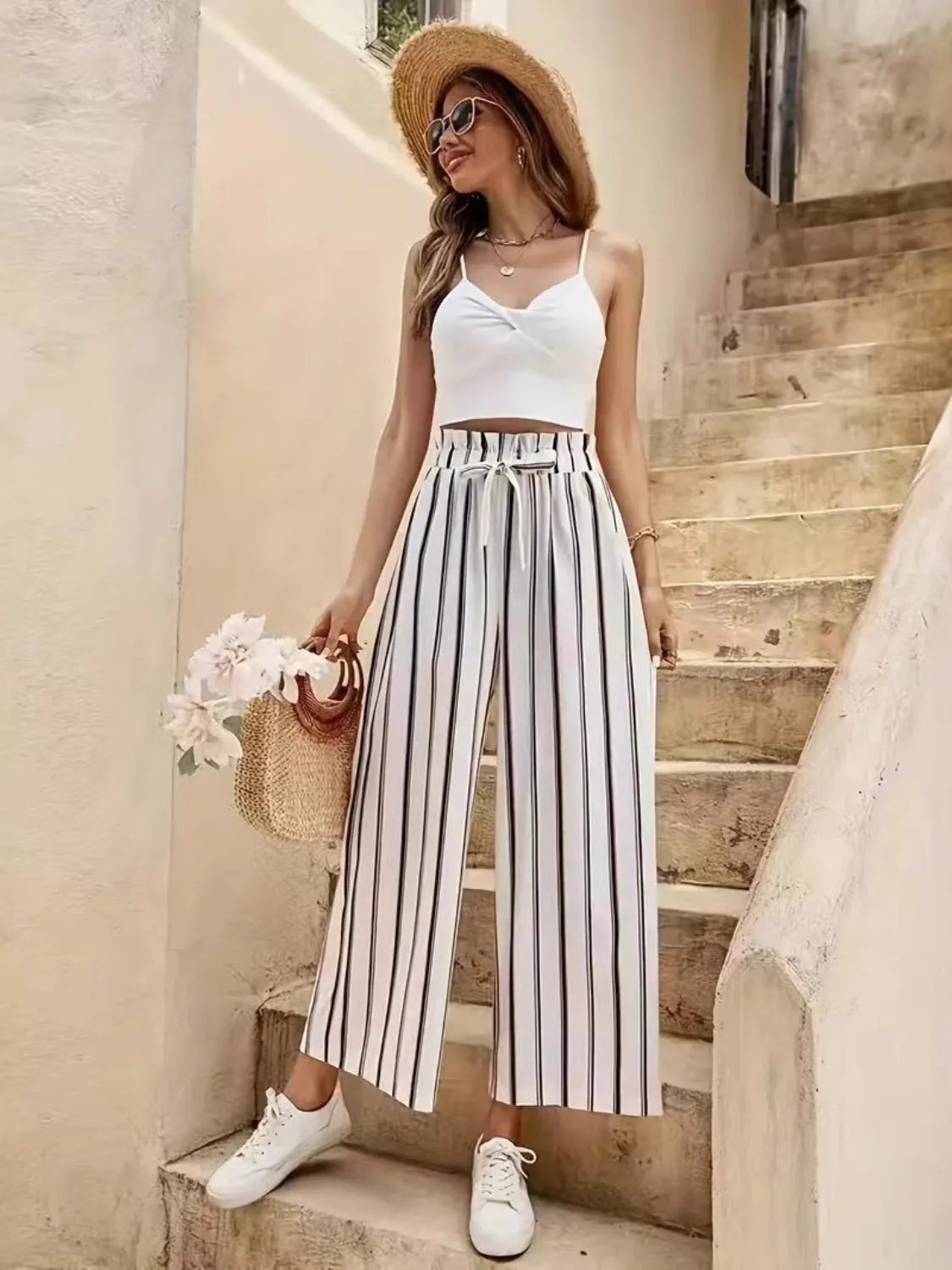 Tied Striped Wide-Leg Pants – Comfortable & Elegant