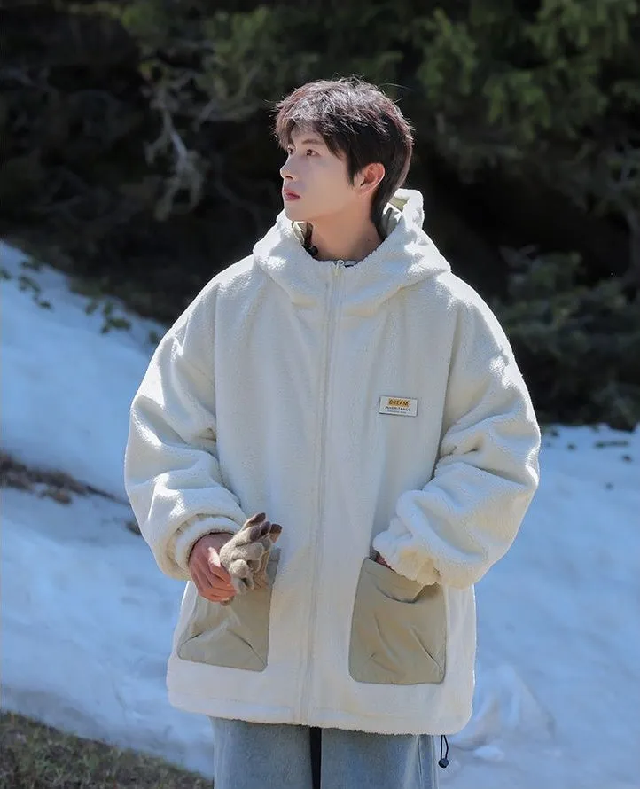 Versatile Men's Windproof Fleece Jacket with Label Detailing