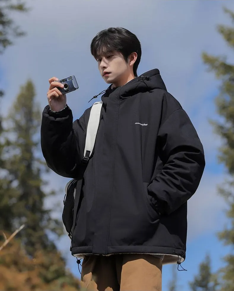 Versatile Men's Windproof Fleece Jacket with Label Detailing