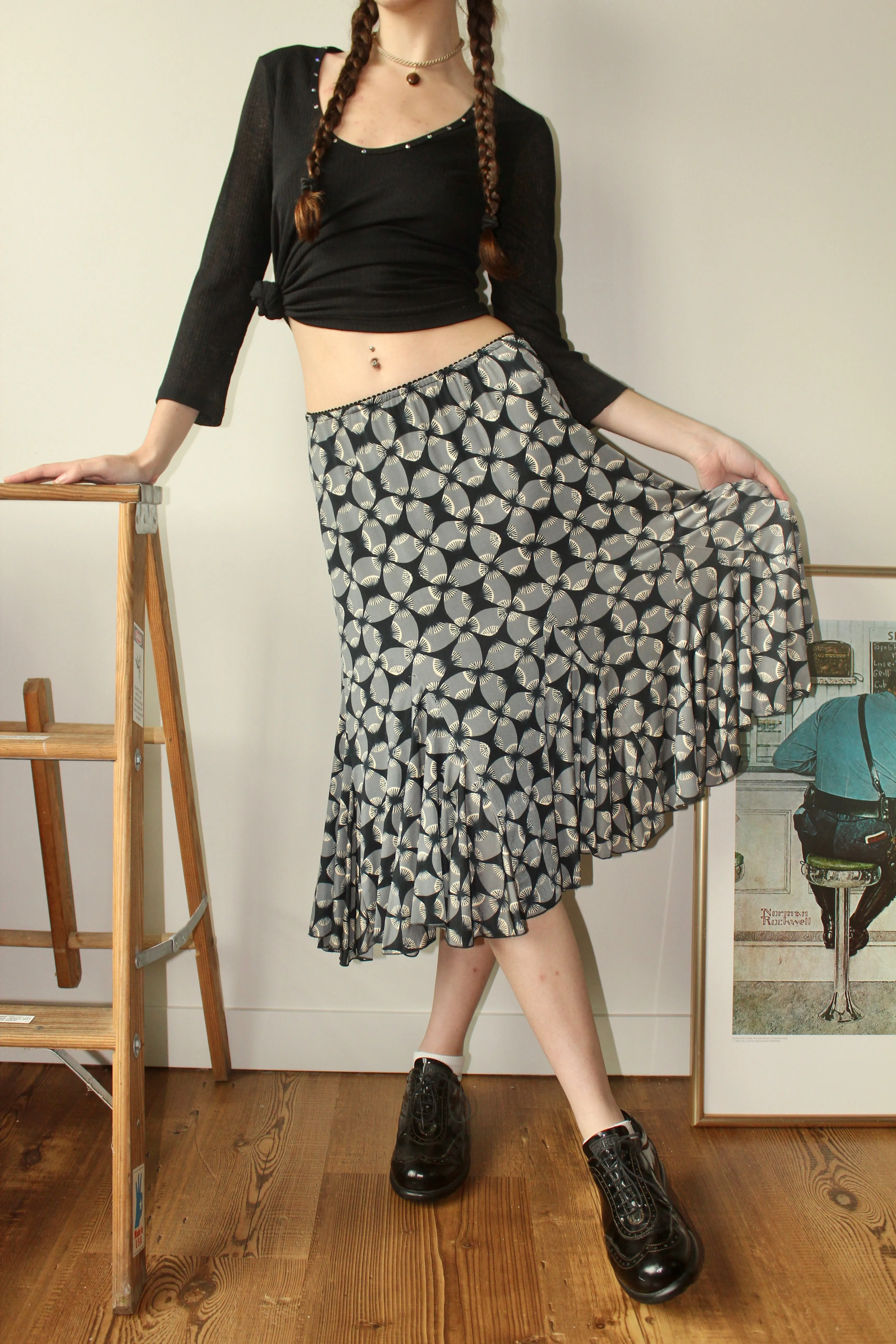 Vintage 90s Geometric Floral Midi Skirt (S-M)