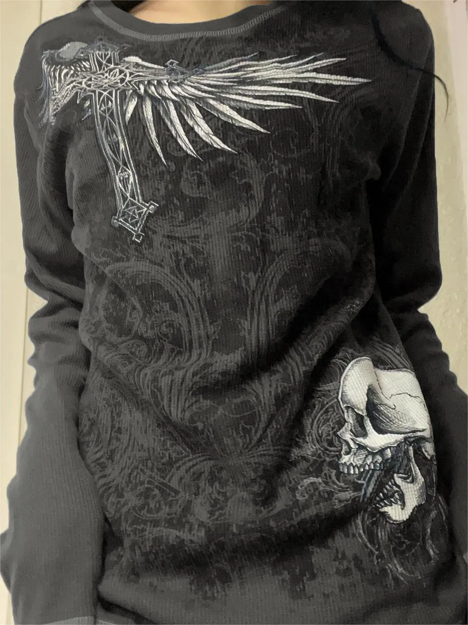 Vintage Punk Langarm Strick Top mit Totenkopf Druck