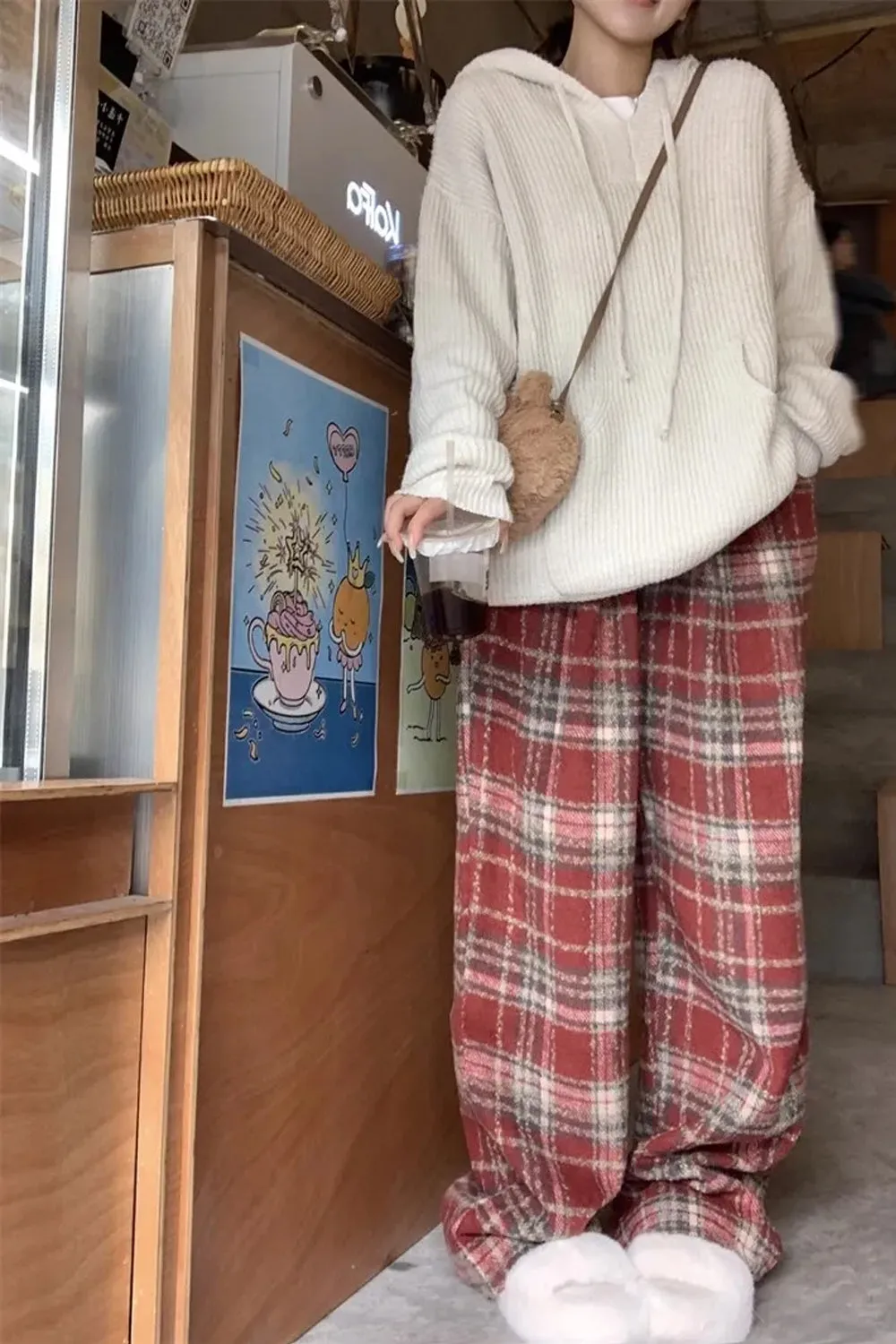 Vintage Wide Leg Plaid Long Warm Pants