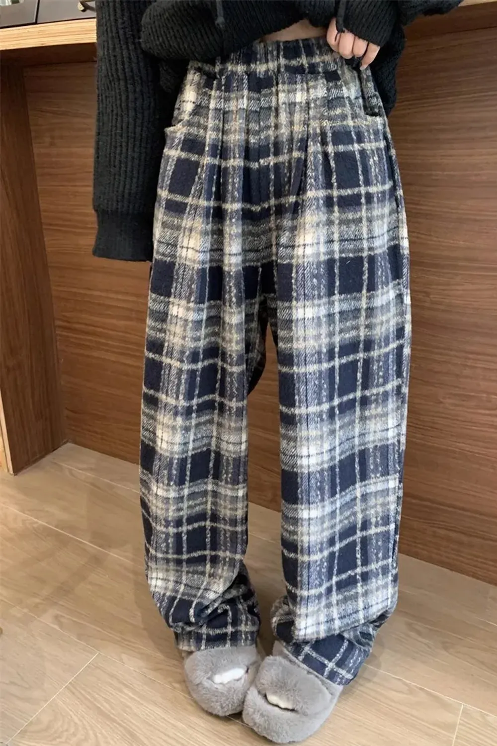 Vintage Wide Leg Plaid Long Warm Pants