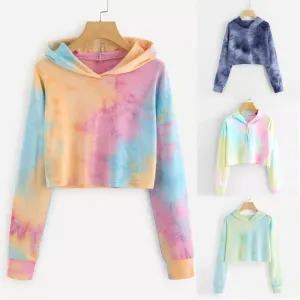 Vintage Women Tie Dye Printed Hoodies Colorful Patchwork Long Sleeve Sweatshirt Fashion Fresh Pullover Short Tops Moletom#Y3