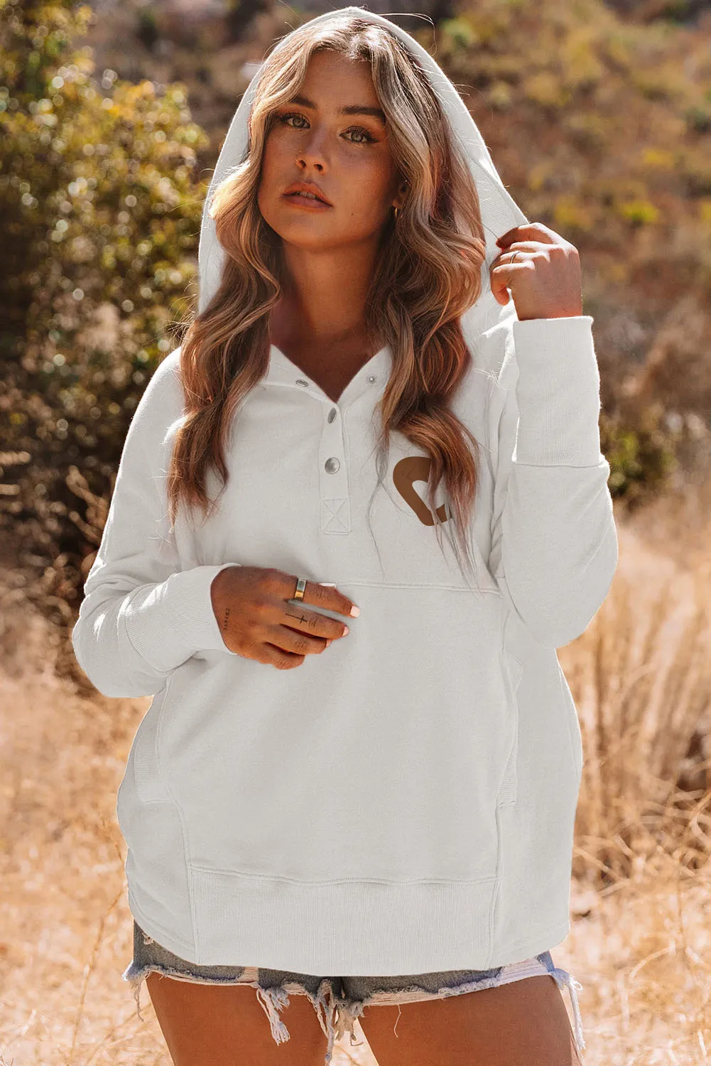White LOVE YOURSELF Graphic Snap Buttons Pullover Hoodie