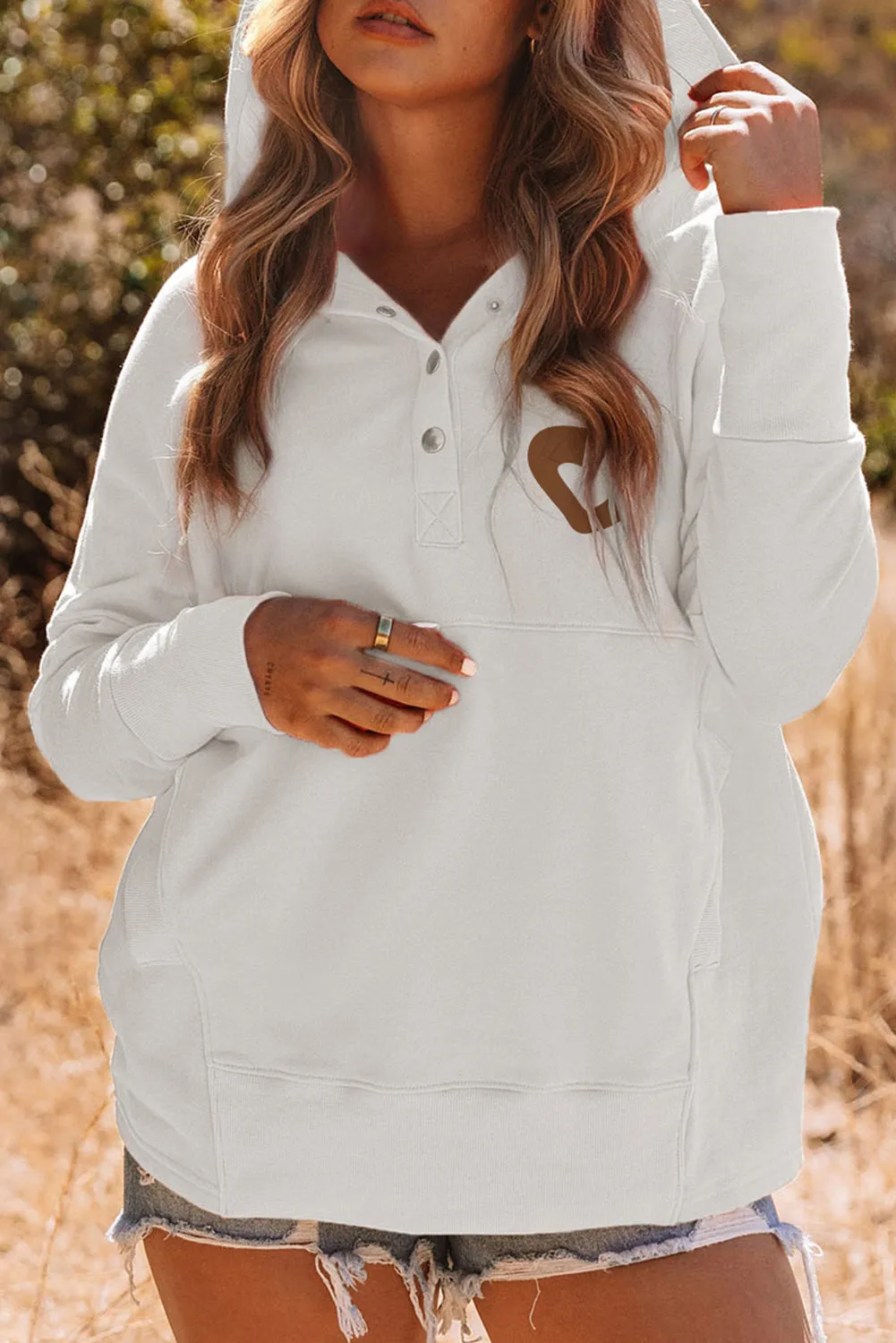 White LOVE YOURSELF Graphic Snap Buttons Pullover Hoodie