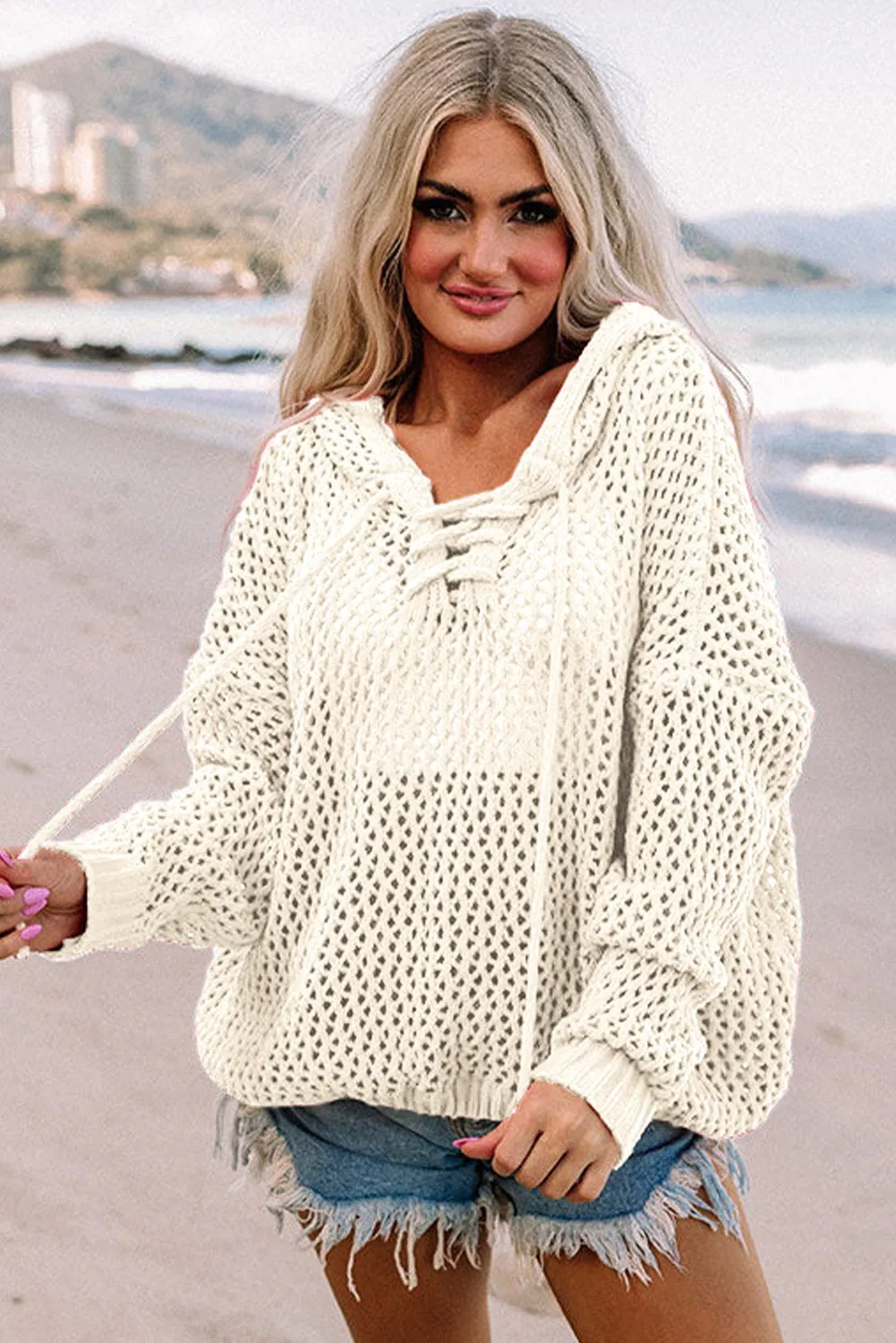 White See-through Hollowed Knit Lace-up Neck Hoodie