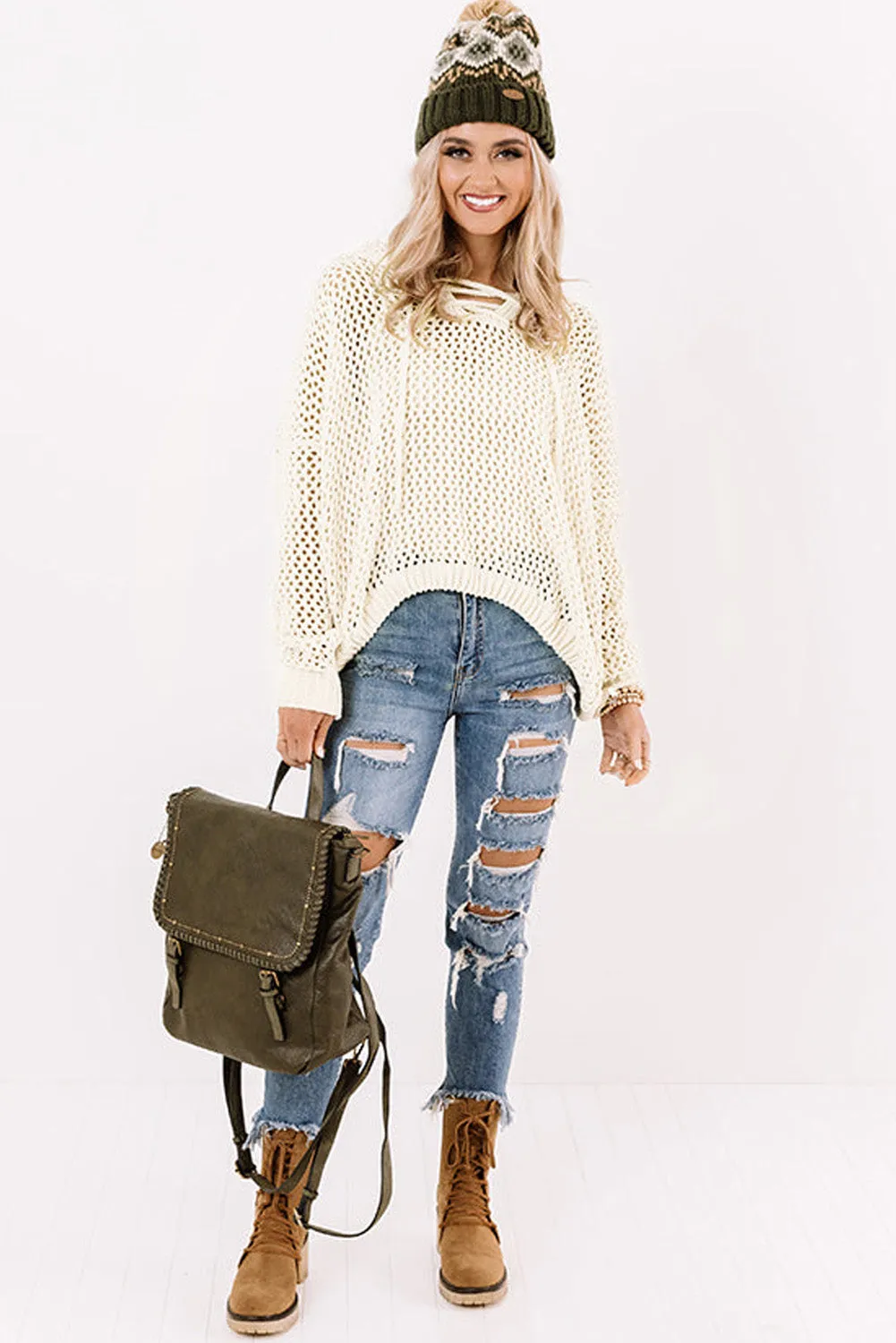 White See-through Hollowed Knit Lace-up Neck Hoodie