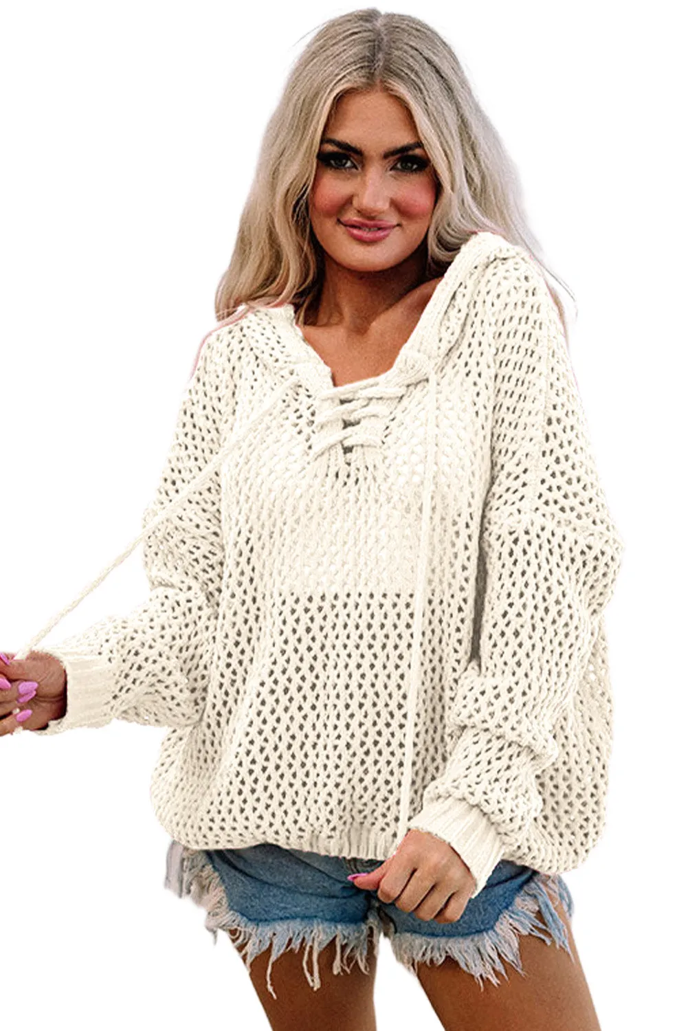 White See-through Hollowed Knit Lace-up Neck Hoodie