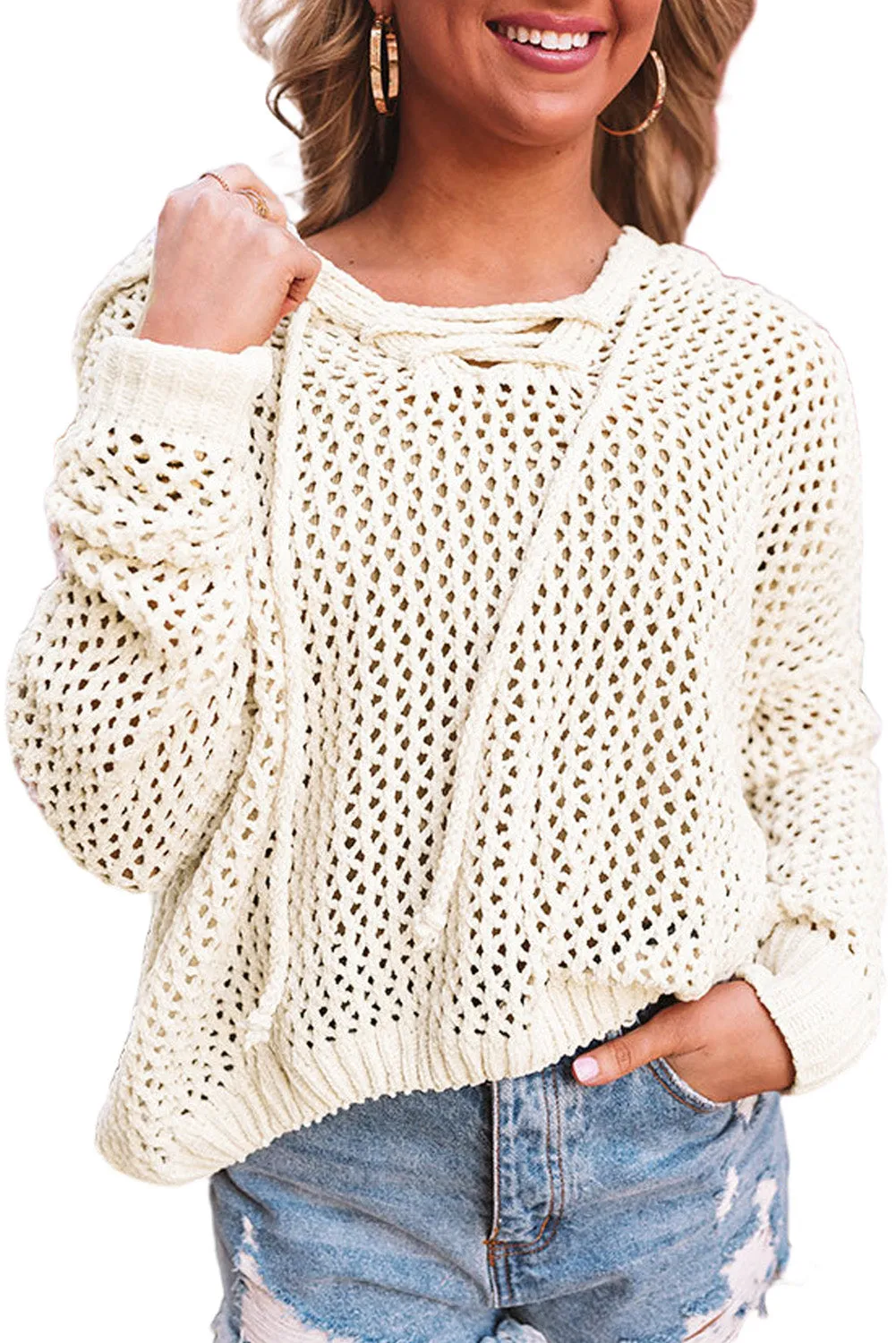 White See-through Hollowed Knit Lace-up Neck Hoodie