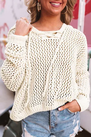 White See-through Hollowed Knit Lace-up Neck Hoodie