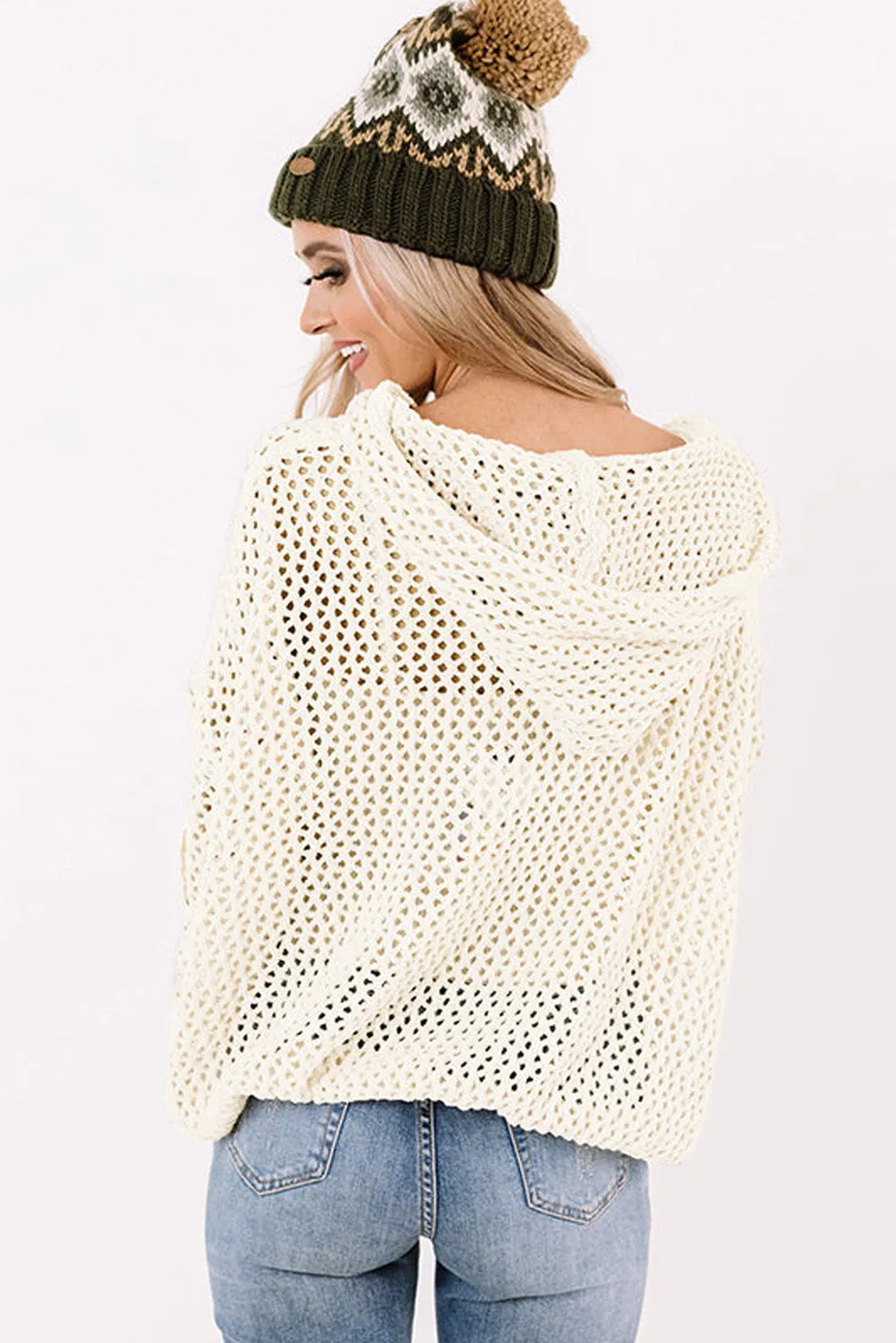 White See-through Hollowed Knit Lace-up Neck Hoodie