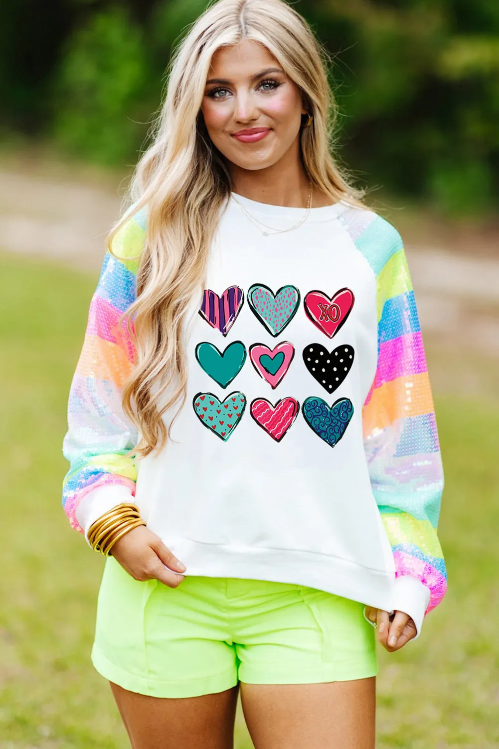White Sequin Striped Raglan Sleeve Heart Print Sweatshirt