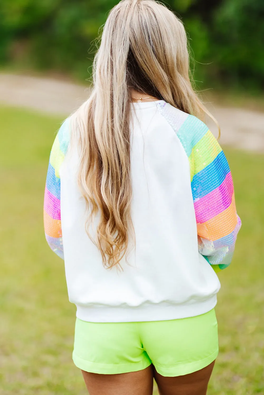White Sequin Striped Raglan Sleeve Heart Print Sweatshirt