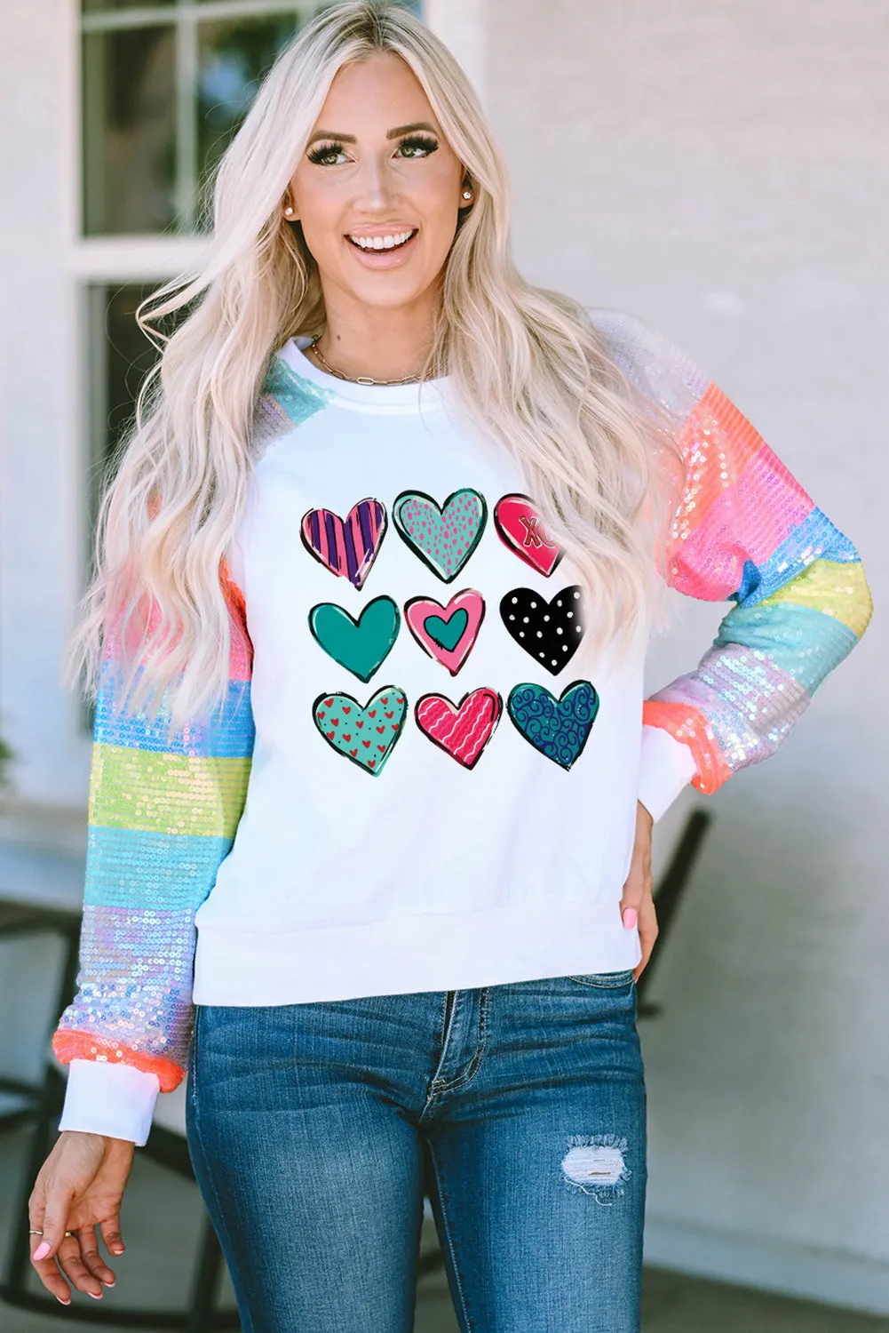 White Sequin Striped Raglan Sleeve Heart Print Sweatshirt