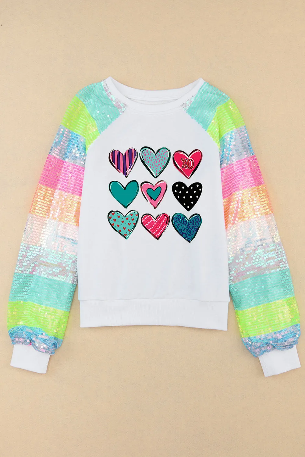 White Sequin Striped Raglan Sleeve Heart Print Sweatshirt