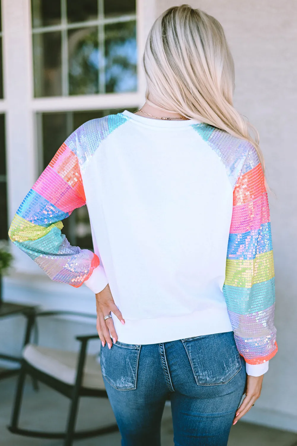White Sequin Striped Raglan Sleeve Heart Print Sweatshirt