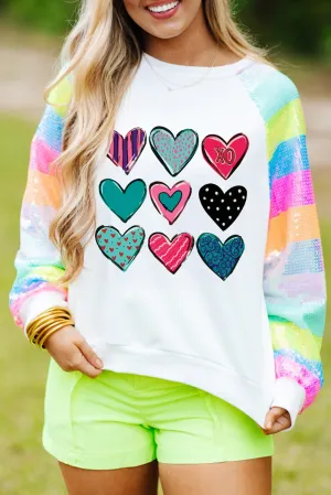 White Sequin Striped Raglan Sleeve Heart Print Sweatshirt