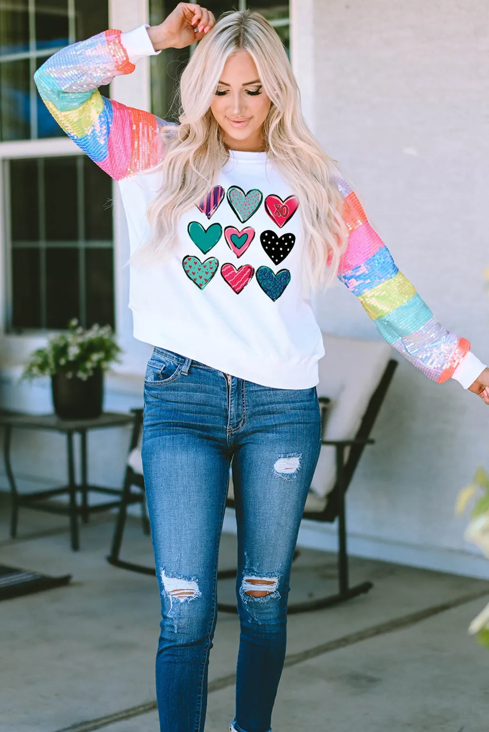 White Sequin Striped Raglan Sleeve Heart Print Sweatshirt