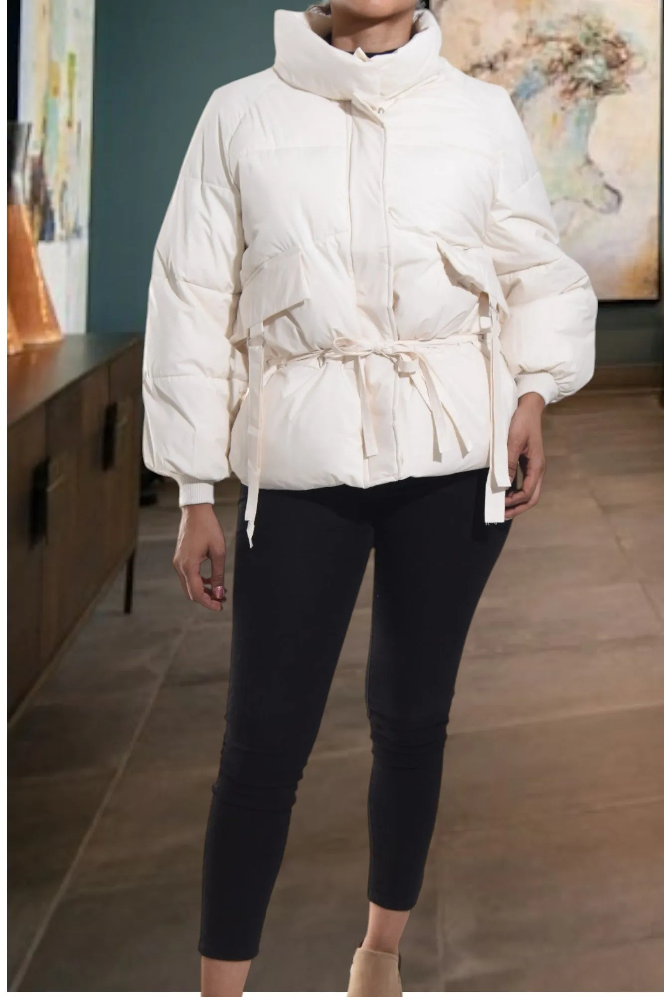White Tie Puffer Jacket