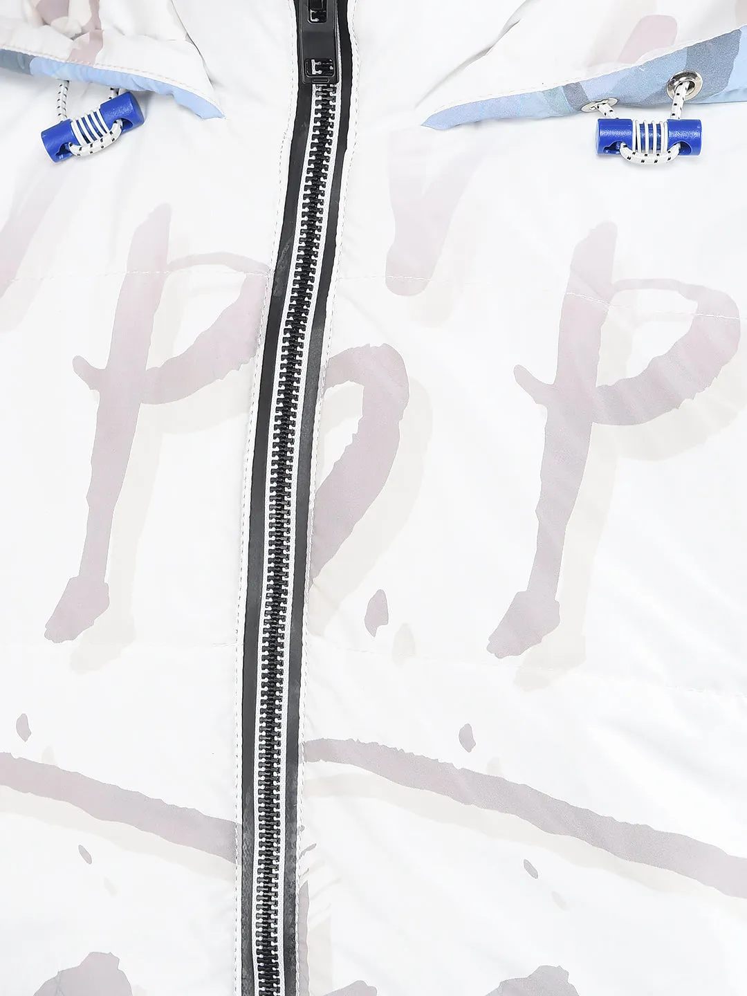 White Typographic Print Hooded Neck Puffer Jacket