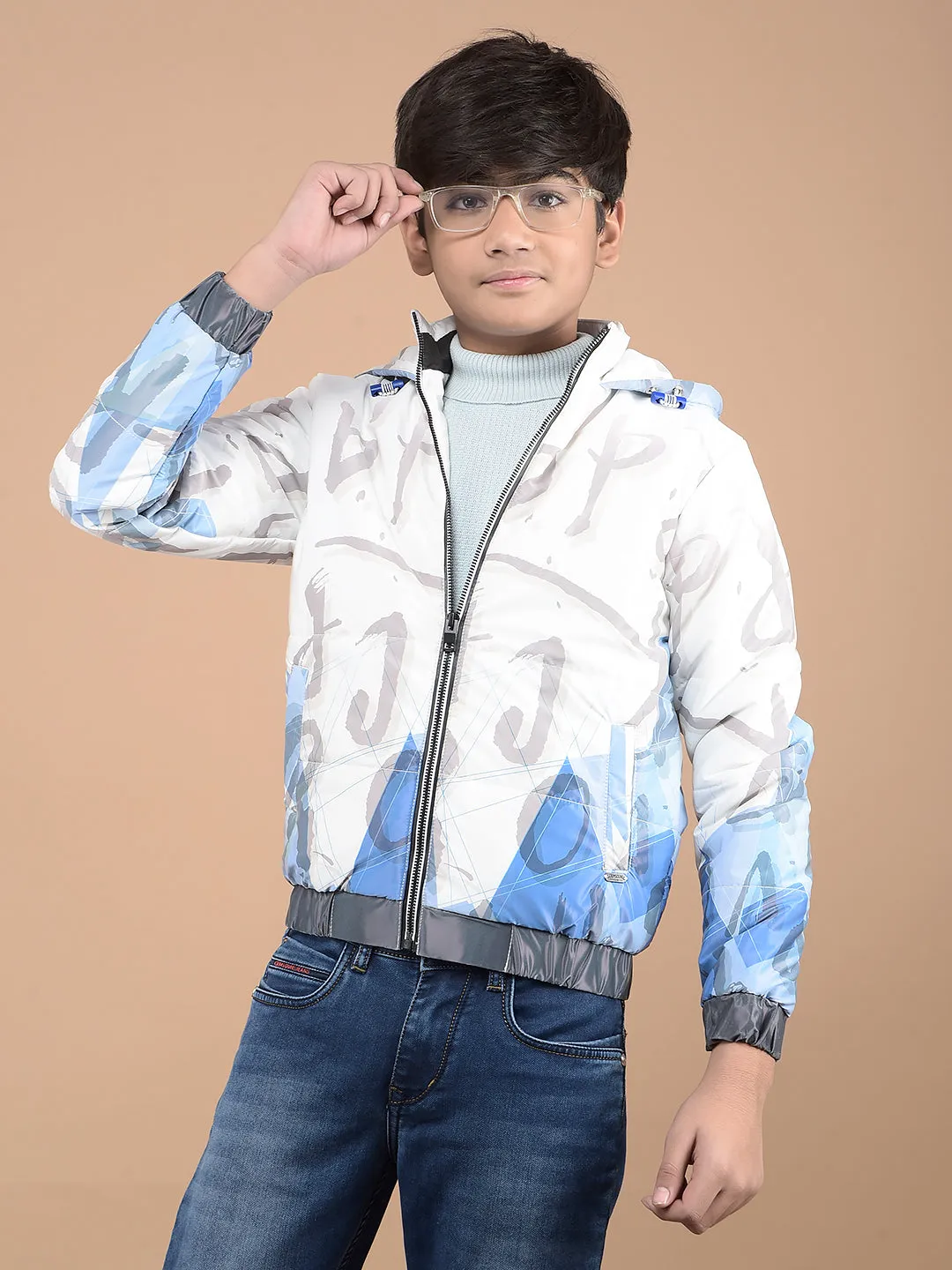 White Typographic Print Hooded Neck Puffer Jacket