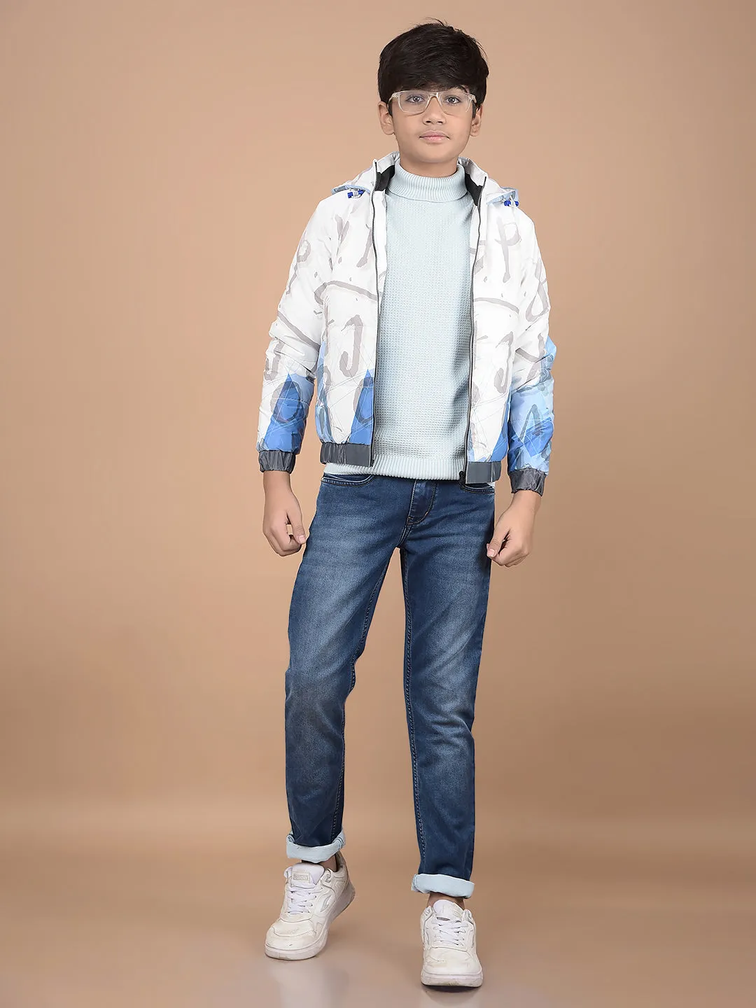 White Typographic Print Hooded Neck Puffer Jacket