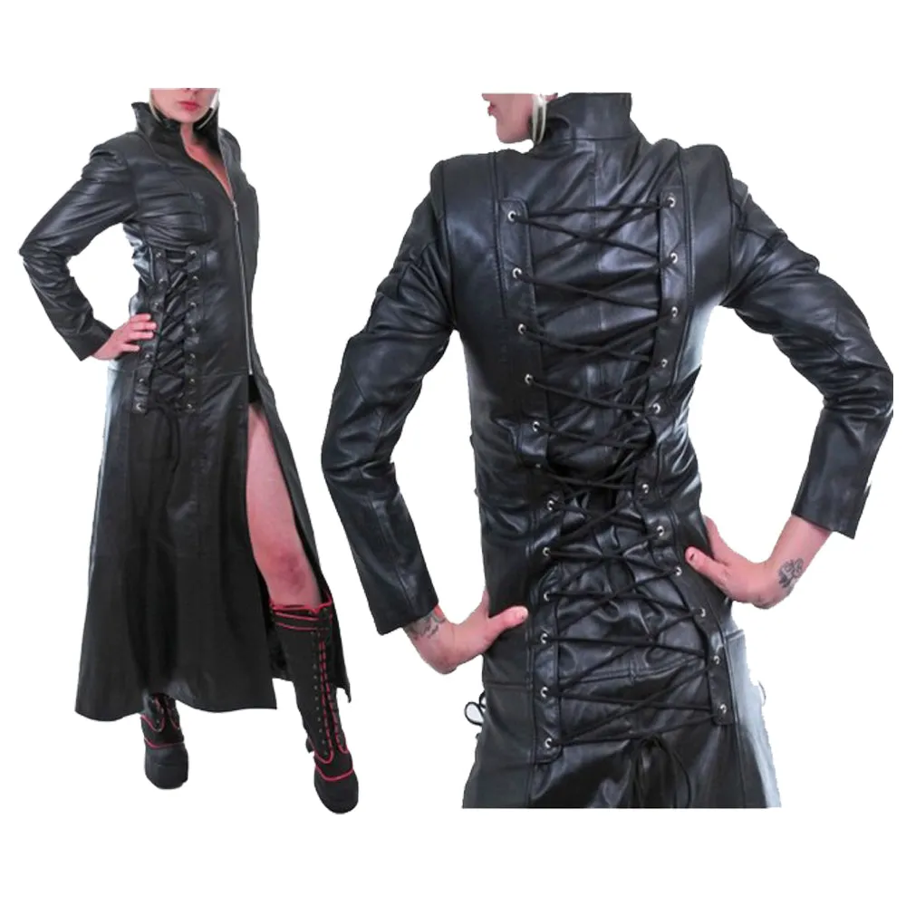 Women Gothic Steampunk Genuine Leather Coat Military Style Trench Goth Coat