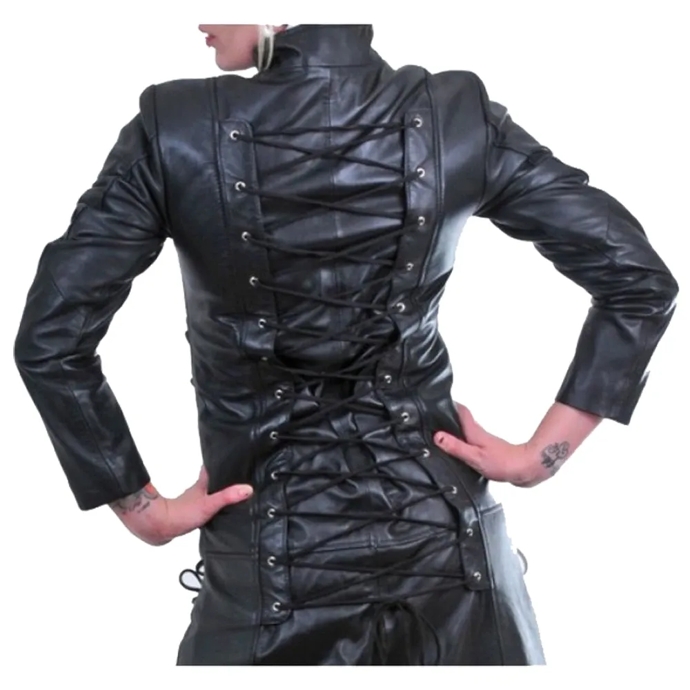 Women Gothic Steampunk Genuine Leather Coat Military Style Trench Goth Coat