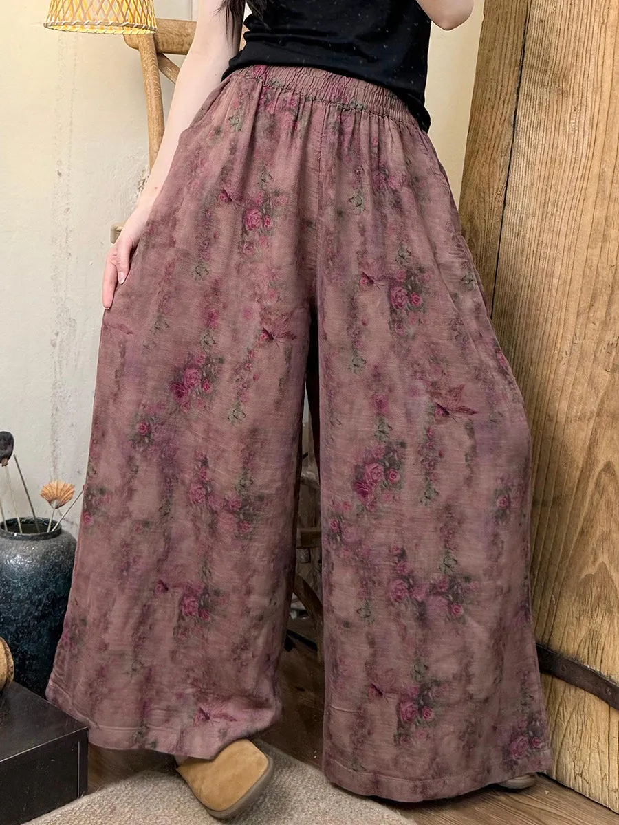 Women Vintage Summer Flower Cotton Wide-leg Pants