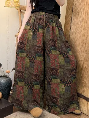 Women Vintage Summer Flower Cotton Wide-leg Pants