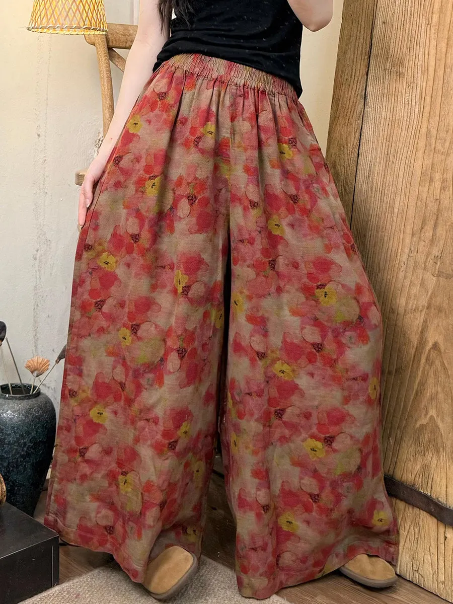 Women Vintage Summer Flower Cotton Wide-leg Pants