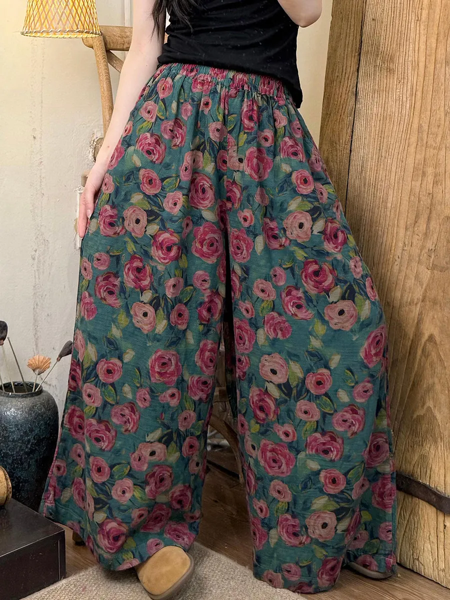 Women Vintage Summer Flower Cotton Wide-leg Pants