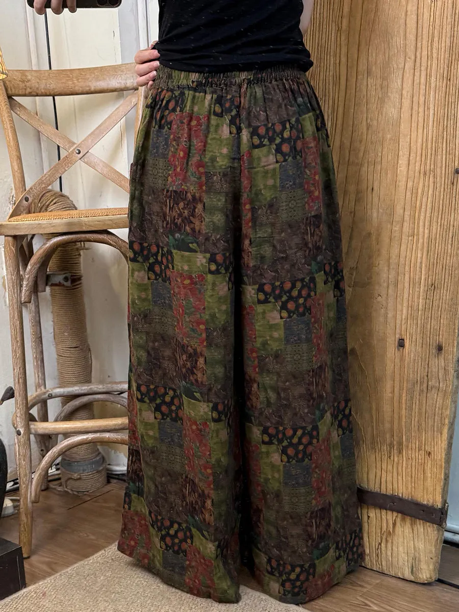 Women Vintage Summer Flower Cotton Wide-leg Pants