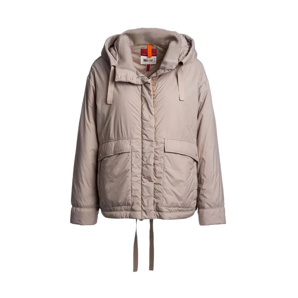 Women's Beige Hooded Puffer Jacket with Fleece Lining