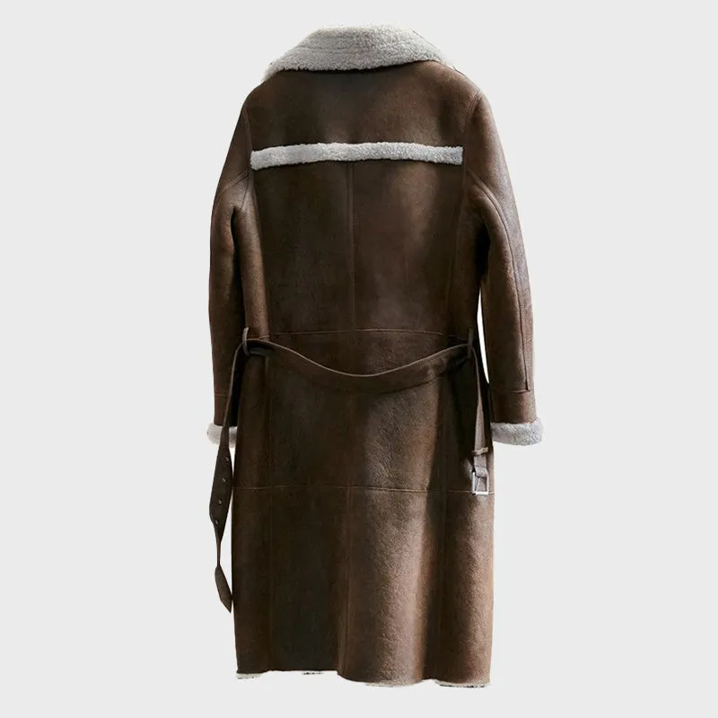 Women's Brown Military Shearling Sheepskin Leather Coat