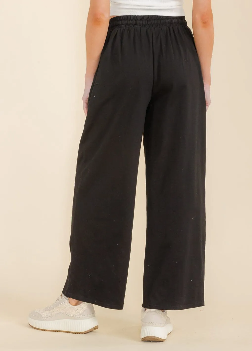 WOMEN'S ELASTIC WAIST SELF TIE FRONT POCKETS QUEEN WIDE LEG PANTS