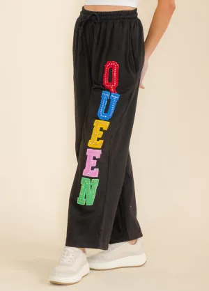 WOMEN'S ELASTIC WAIST SELF TIE FRONT POCKETS QUEEN WIDE LEG PANTS