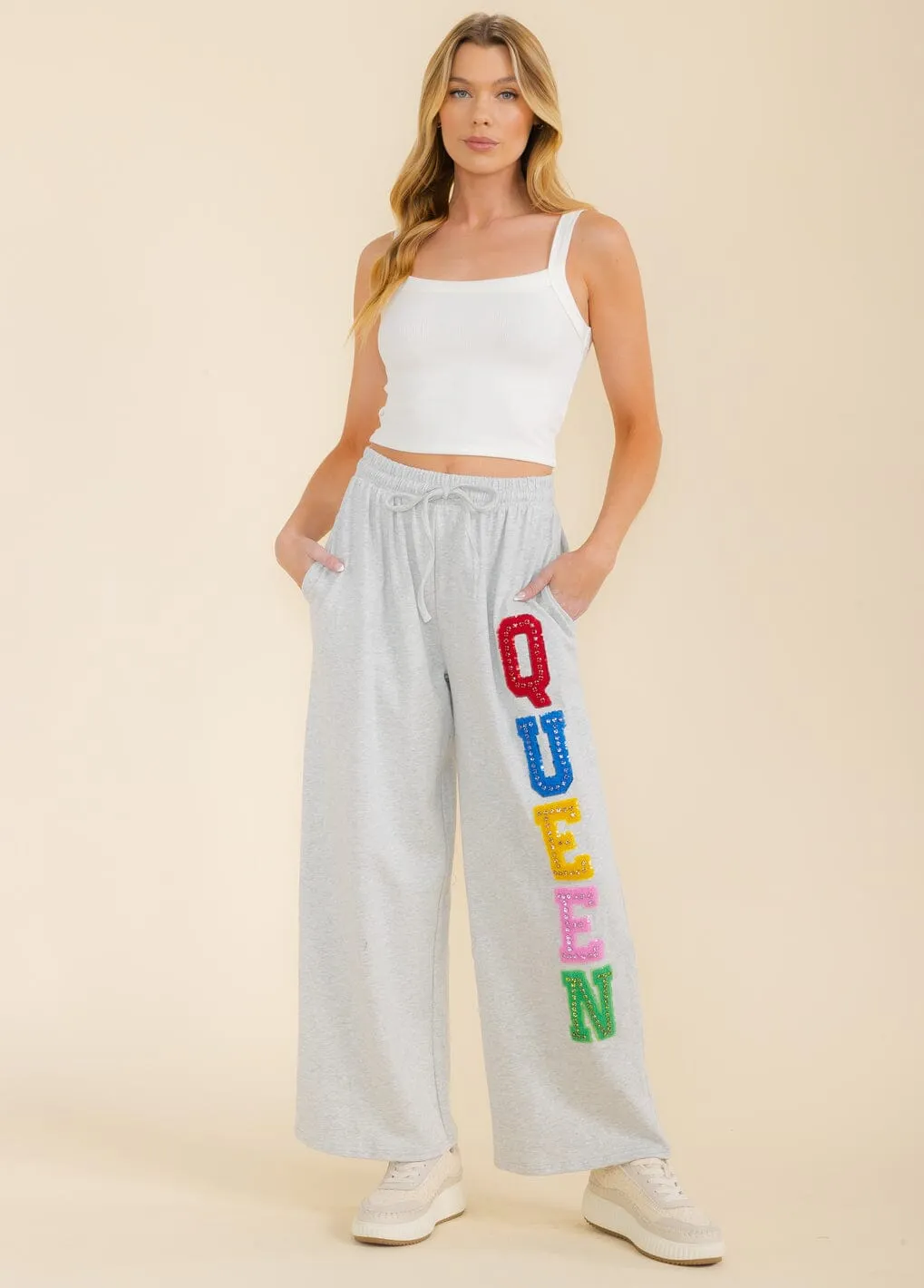 WOMEN'S ELASTIC WAIST SELF TIE FRONT POCKETS QUEEN WIDE LEG PANTS
