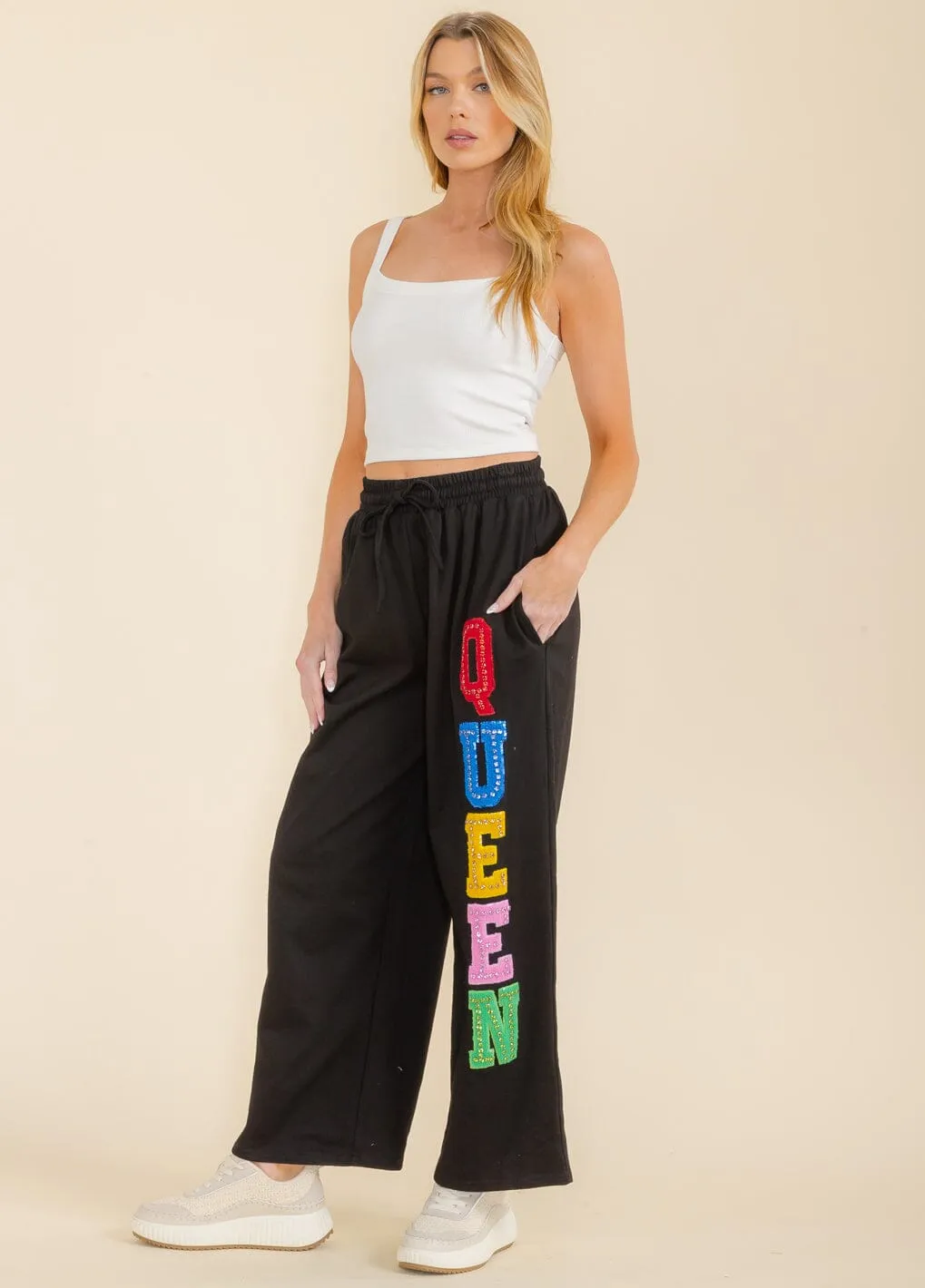 WOMEN'S ELASTIC WAIST SELF TIE FRONT POCKETS QUEEN WIDE LEG PANTS