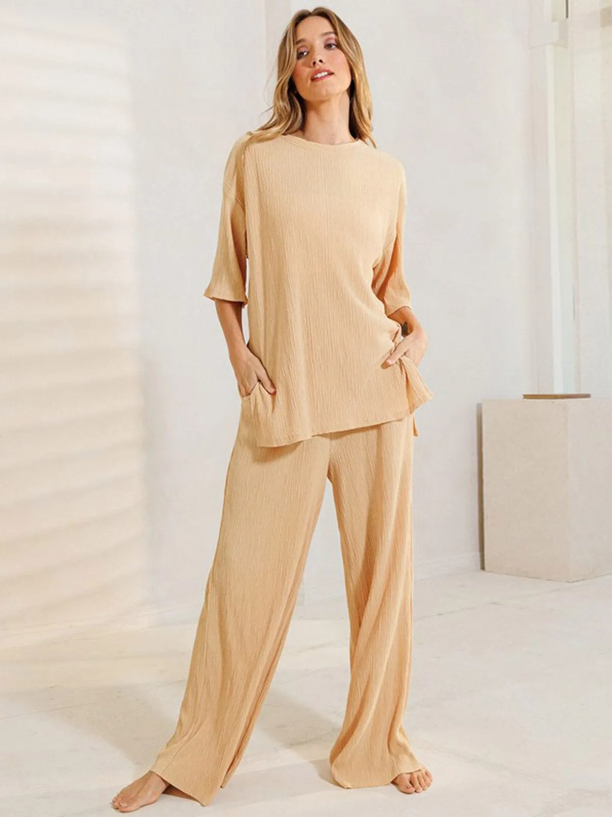 WOMEN'S ELASTIC WAIST WIDE LEG PANTS