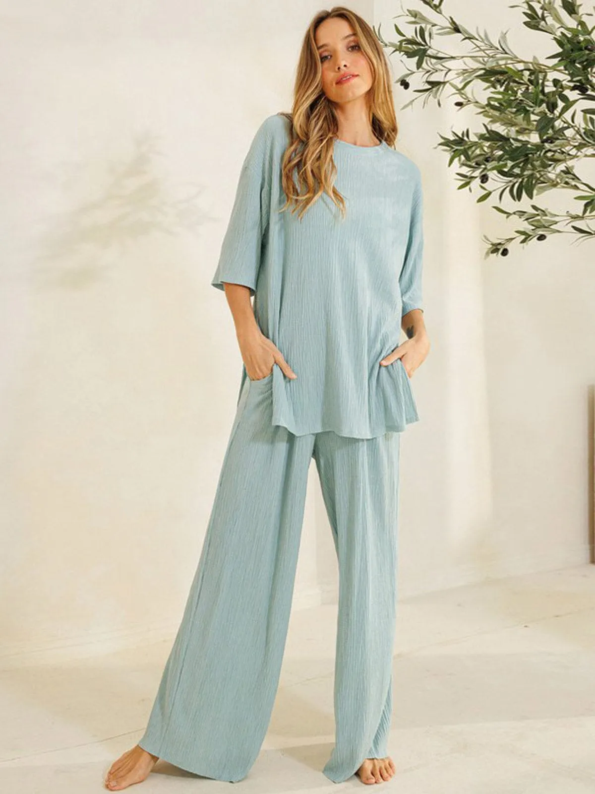 WOMEN'S ELASTIC WAIST WIDE LEG PANTS