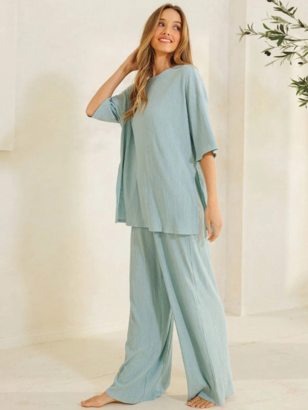 WOMEN'S ELASTIC WAIST WIDE LEG PANTS